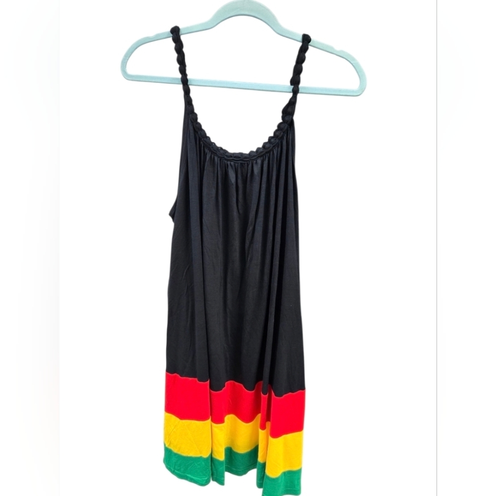 Black Dress with Red, Yellow, and Green Stripes